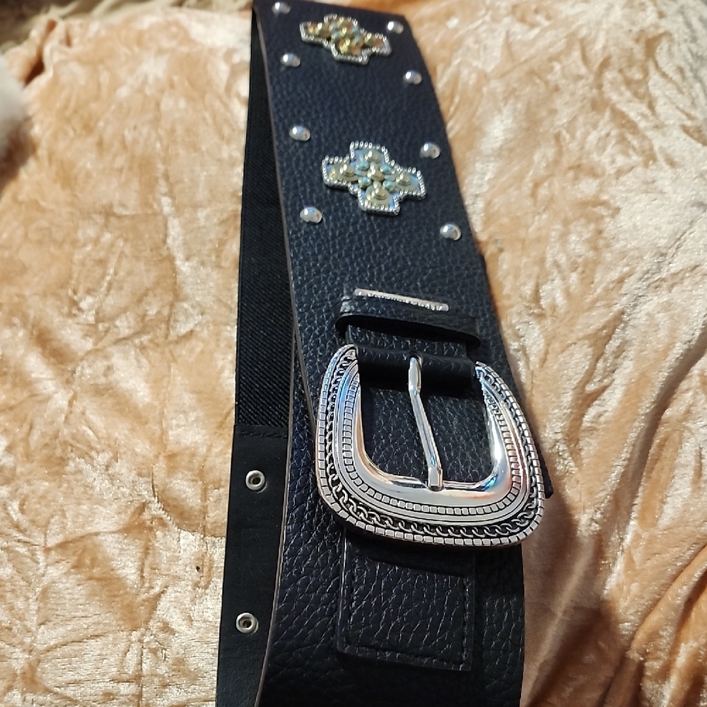 True Religion Black Leather Belt with Silver Accents M/L